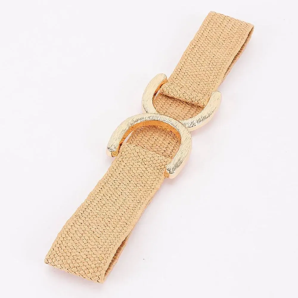 Straw Wide Dual Buckle Elastic Belt - Khaki/Gold